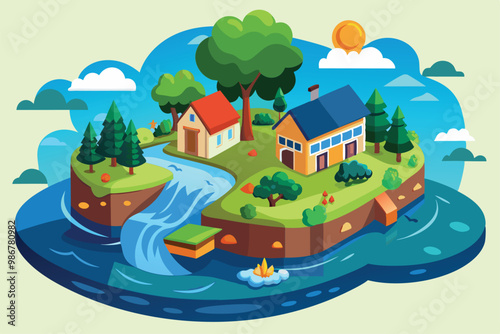 A vibrant landscape with houses near a flowing river and trees under a clear sky, Customizable flood illustration