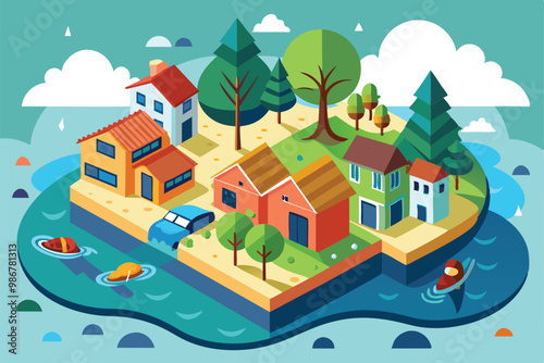 A lively illustration depicting a residential area with houses, trees, and water flooding surrounding it, Customizable flood illustration