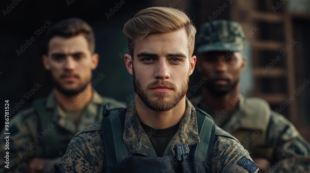 Group of three military men wearing camouflage uniforms standing together Group of three military men wearing camouflage uniforms standing together