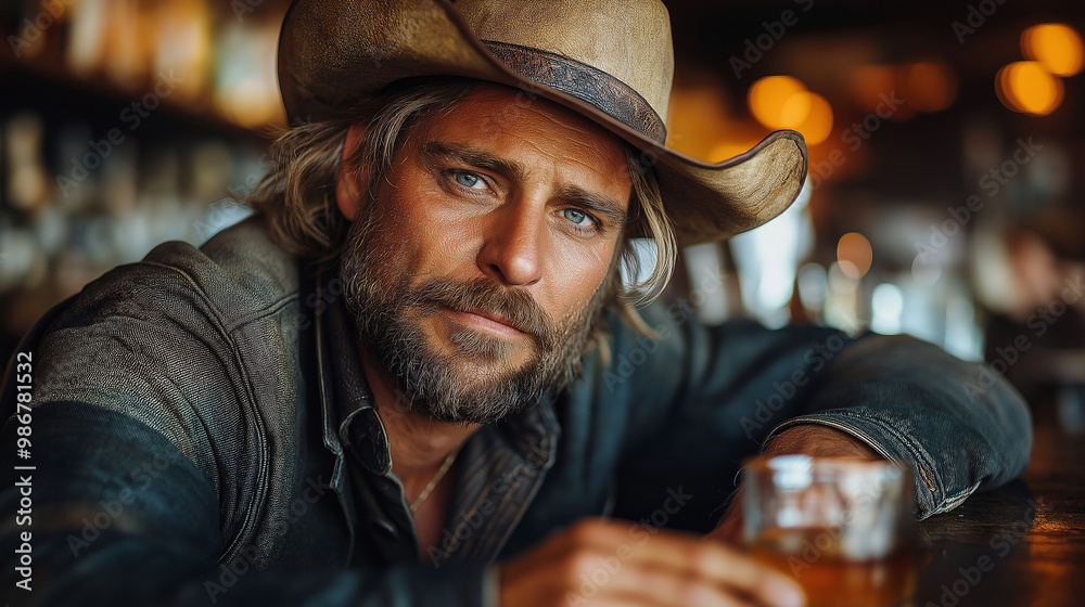 Handsome cowboy wearing a hat sitting at saloon bar drinking whiskey Handsome cowboy wearing a hat sitting at saloon bar drinking whiskey