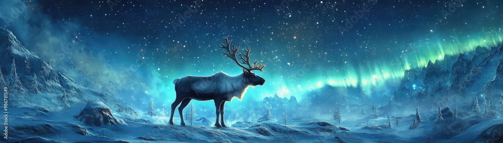 A majestic reindeer stands under the enchanting glow of the northern lights in a serene winter landscape. A majestic reindeer stands under the enchanting glow of the northern lights in a serene winter landscape.