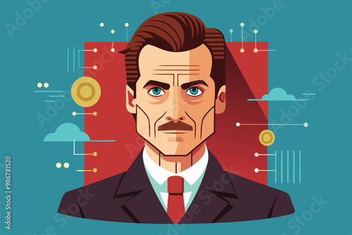 A forensic illustration featuring a man in a suit, set against a colorful background with abstract shapes, Customizable forensic illustration with disproportionate features.