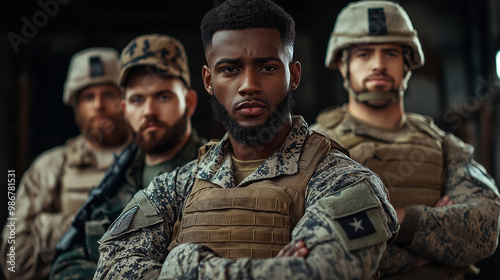 Group of military soldiers standing together with arms crossed