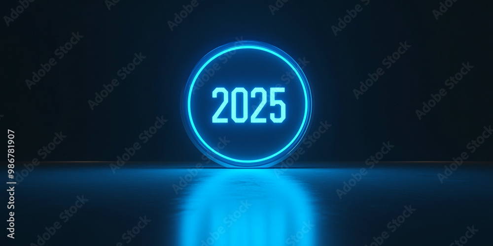 A glowing blue countdown clock displaying year 2025, set against dark background, creates futuristic and captivating atmosphere A glowing blue countdown clock displaying year 2025, set against dark background, creates futuristic and captivating atmosphere