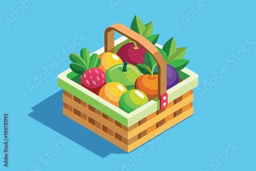 A colorful fruit basket illustration filled with assorted fruits, set against a clear blue background, Customizable fruit basket illustration in isometric style.