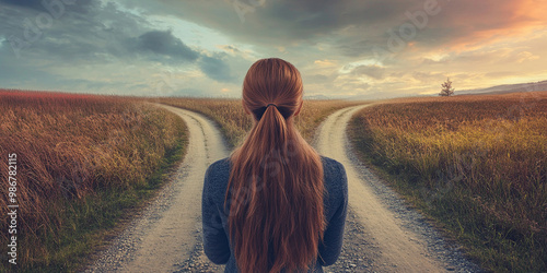 A young woman gazes down two diverging paths, contemplating her choices amidst serene landscape. golden fields and dramatic sky evoke sense of reflection and decision making photo