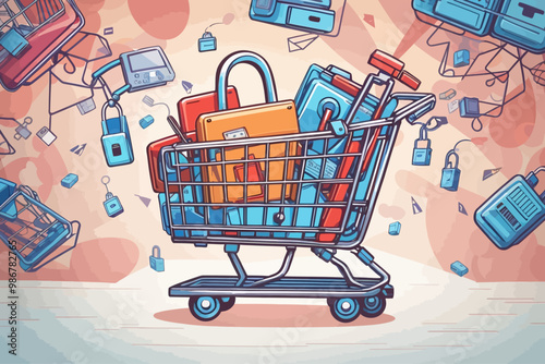 A cartoon shopping cart being protected with a lock. make sure the background is tech related Hand-drawn cartoon