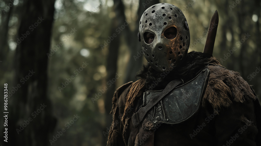 Masked murderer wearing a hockey mask and carrying a machete in the woods Masked murderer wearing a hockey mask and carrying a machete in the woods