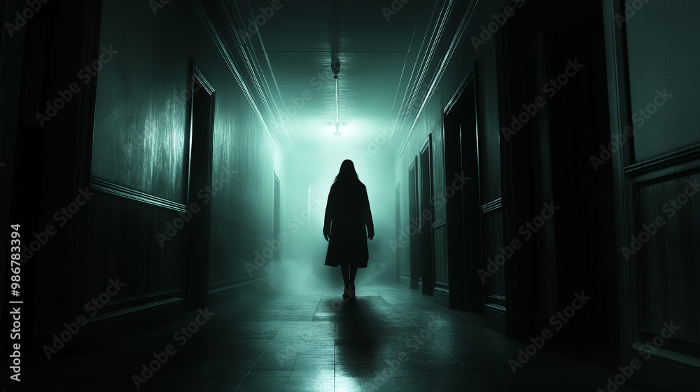 Mysterious figure walking down long dark corridor Mysterious figure walking down long dark corridor