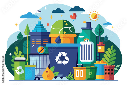 Colorful trash bins and recycling containers promote efficient waste management in a vibrant outdoor setting, Customizable garbage management with disproportionate illustration.