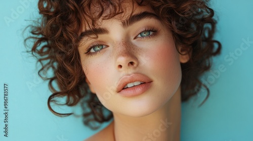 Close-up of a confident young woman with curly hair, isolated on a pastel blue background, minimal makeup, natural expression.