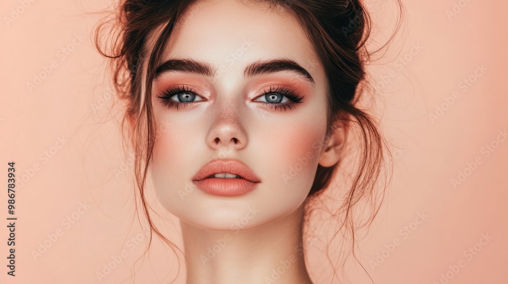 Close-up of a young woman with bold makeup, looking directly at the camera, isolated on a pastel peach background. Close-up of a young woman with bold makeup, looking directly at the camera, isolated on a pastel peach background.