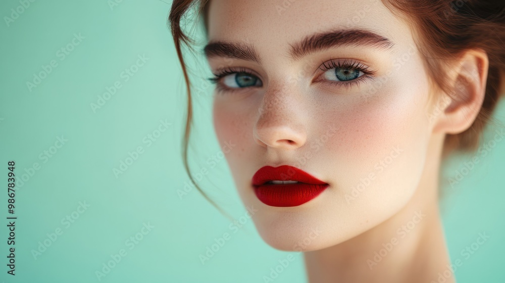 Close-up of a young woman with bold red lipstick, looking directly at the camera, isolated on a pastel mint green background. Close-up of a young woman with bold red lipstick, looking directly at the camera, isolated on a pastel mint green background.