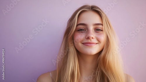 Close-up of a young woman with long blonde hair, soft smile, isolated on a pastel lavender background, gentle lighting.