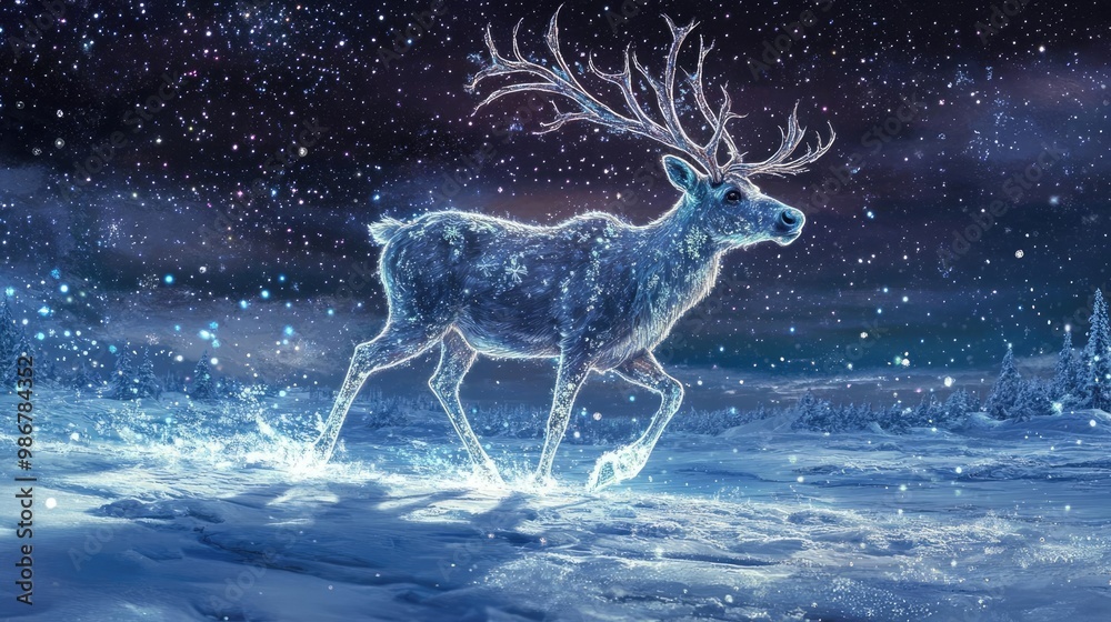 Magical winter scene with a glowing reindeer trotting through soft snow under a starlit sky, capturing the essence of the holidays. Magical winter scene with a glowing reindeer trotting through soft snow under a starlit sky, capturing the essence of the holidays.