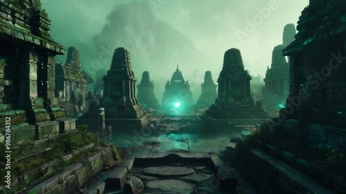 Mysterious ancient temple ruins shrouded in mist and green light