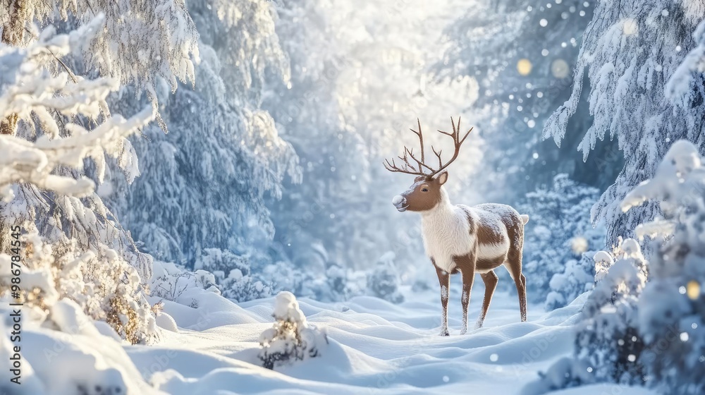 A majestic reindeer stands in a serene, snowy forest, illuminated by gentle sunlight filtering through frosted trees. A majestic reindeer stands in a serene, snowy forest, illuminated by gentle sunlight filtering through frosted trees.