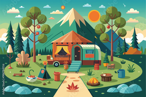 A colorful glamping setup features a cozy camper, campfire, and nature elements in a scenic setting, Customizable glamping illustration that is disproportionate.