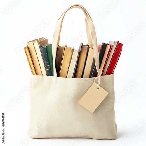 A book lover's tote bag filled with novels, with a Black Friday tag hanging from the handle, cute and literary, isolated on white background