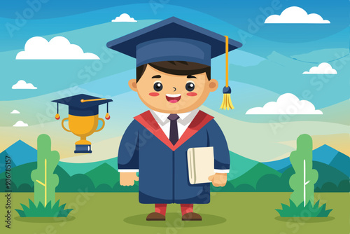 A cheerful graduate stands in a landscape with mountains, holding a diploma and wearing a cap and gown, Customizable graduation cartoon illustration.