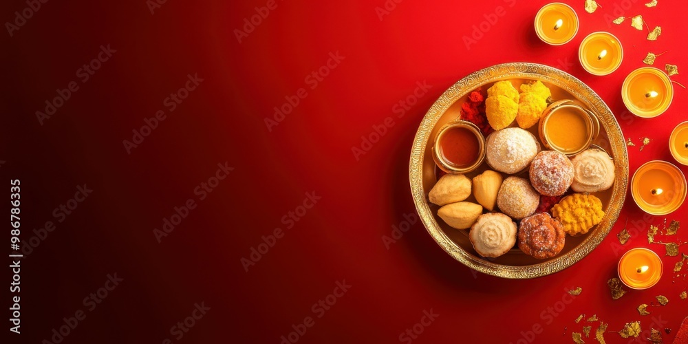 Traditional Indian thali filled with sweets, placed on a deep red-to-orange gradient backdrop, softly glowing with festive charm. Copy space, Indian traditional festival happy Diwali background. Traditional Indian thali filled with sweets, placed on a deep red-to-orange gradient backdrop, softly glowing with festive charm. Copy space, Indian traditional festival happy Diwali background.