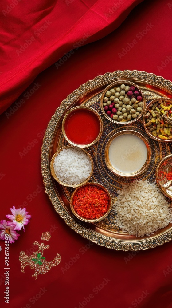 Traditional puja thali with kumkum and rice, placed on a ruby red backdrop, copy space, happy Diwali background, traditional, Indian festival. Traditional puja thali with kumkum and rice, placed on a ruby red backdrop, copy space, happy Diwali background, traditional, Indian festival.