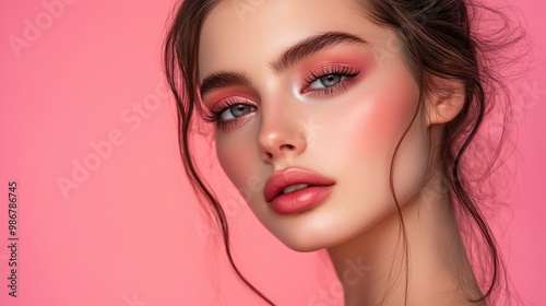 Portrait of a young woman with bold makeup and a serious expression, isolated on a pastel pink background.