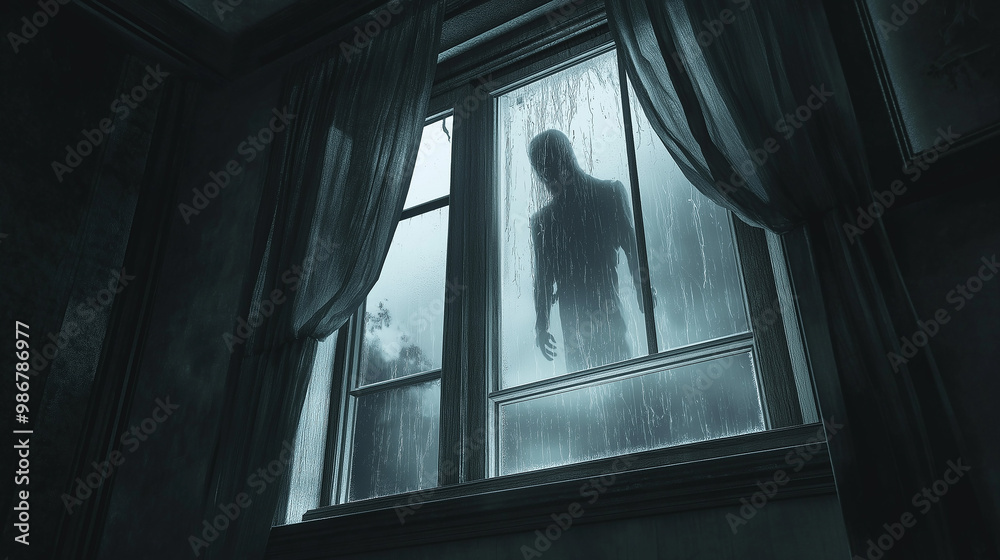 Scary silhouette lurking outside window during storm Scary silhouette lurking outside window during storm