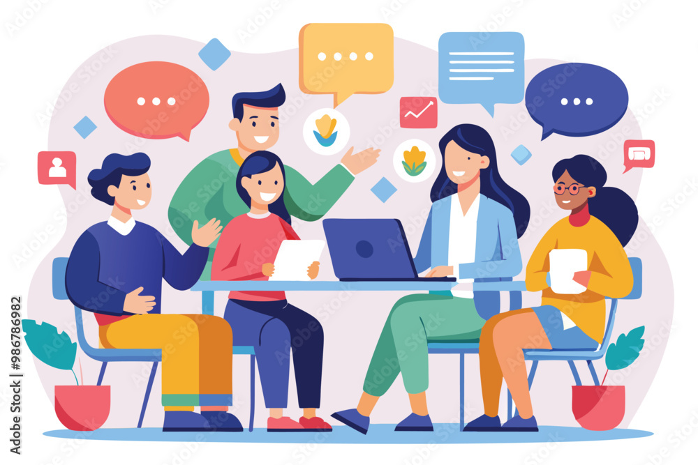 A group of five individuals engage in a lively discussion around a table, sharing ideas and insights, Customizable group discussion with disproportionate illustration. A group of five individuals engage in a lively discussion around a table, sharing ideas and insights, Customizable group discussion with disproportionate illustration.