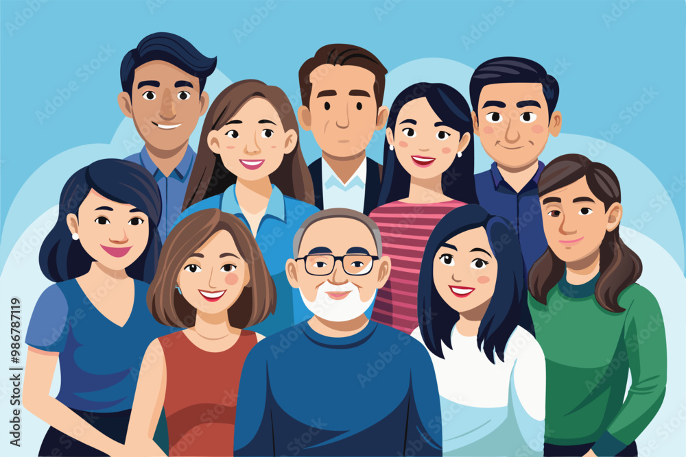 A joyful gathering of diverse individuals posing together, ideal for personal or professional use in celebrations, Customizable group photo illustration with a semi-flat style. A joyful gathering of diverse individuals posing together, ideal for personal or professional use in celebrations, Customizable group photo illustration with a semi-flat style.