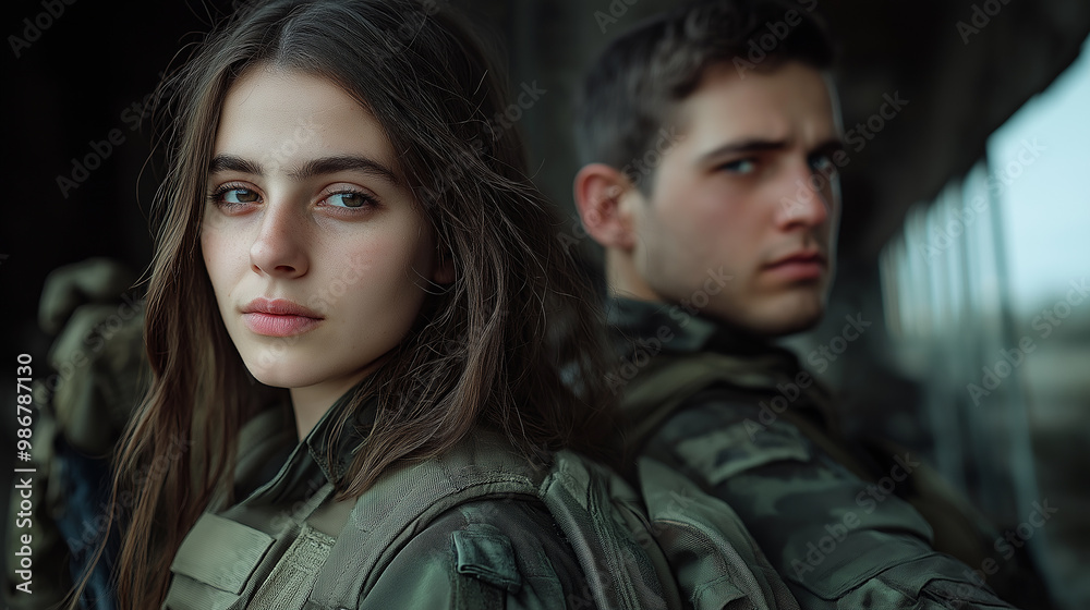 Young army soldiers standing back to back wearing tactical gear Young army soldiers standing back to back wearing tactical gear