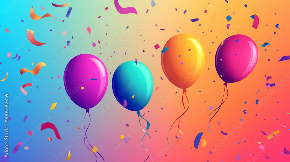 Colorful balloons floating on a gradient background with falling confetti Colorful balloons floating on a gradient background with falling confetti