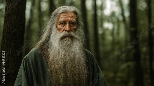 Wise druid standing in a deep forest