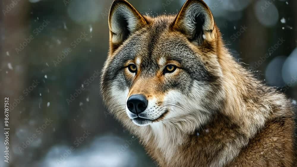 Close-up of a majestic wolf in a snowy forest during winter showcasing its beauty and wild nature Close-up of a majestic wolf in a snowy forest during winter showcasing its beauty and wild nature