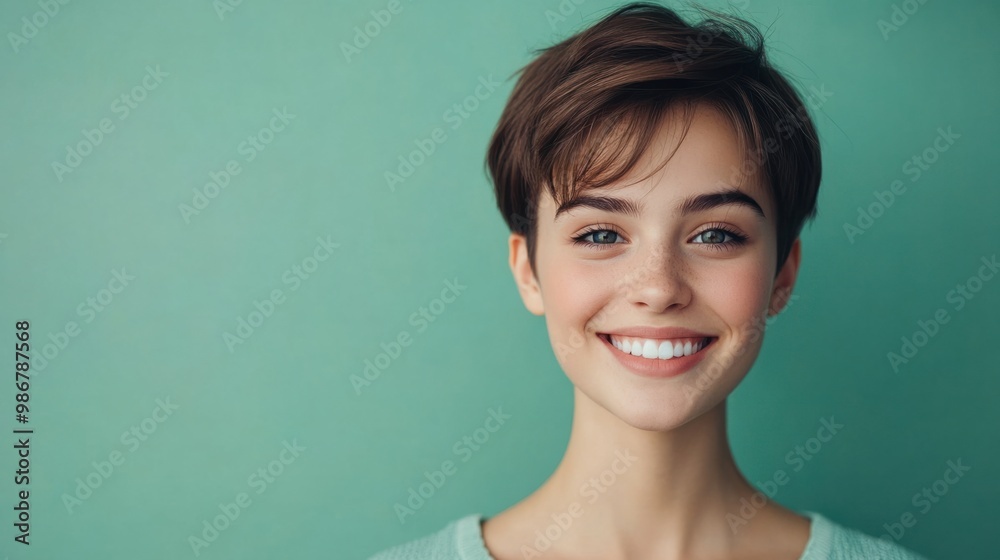 Smiling young woman with a pixie haircut, wearing a casual top, isolated on a pastel mint green background. Smiling young woman with a pixie haircut, wearing a casual top, isolated on a pastel mint green background.