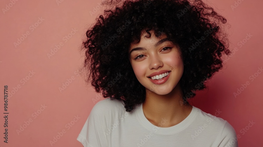 Smiling young woman with natural curls, wearing a t-shirt, standing against a pastel pink background, simple and elegant. Smiling young woman with natural curls, wearing a t-shirt, standing against a pastel pink background, simple and elegant.