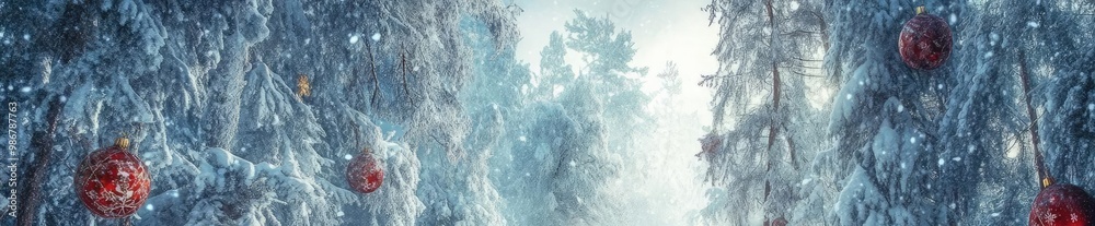 A festive winter scene with Santa Claus guiding reindeer through a snowy forest, adorned with red ornaments. A festive winter scene with Santa Claus guiding reindeer through a snowy forest, adorned with red ornaments.