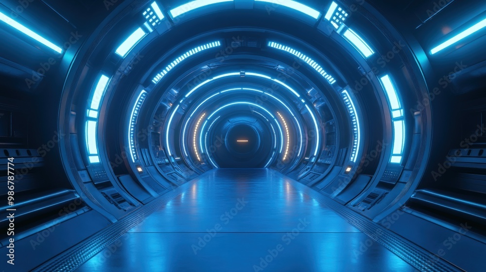 Futuristic blue and orange lit tunnel with glowing lights. Futuristic blue and orange lit tunnel with glowing lights.