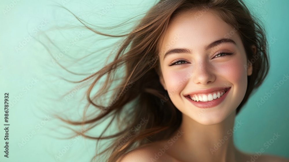 Young woman with flowing hair and subtle makeup, smiling against a soft pastel mint green background. Young woman with flowing hair and subtle makeup, smiling against a soft pastel mint green background.
