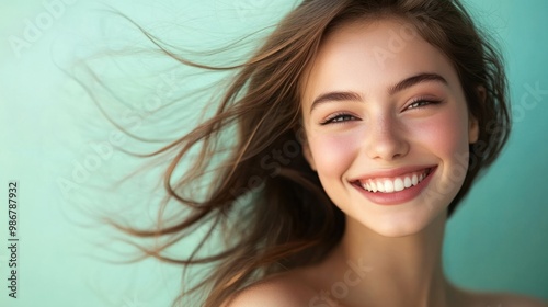 Young woman with flowing hair and subtle makeup, smiling against a soft pastel mint green background.