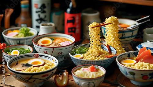 Japanese farmer woman savoring a ramen feast, deliciously satisfying. photo