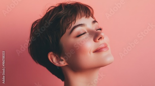 Young woman with short hair and natural beauty, smiling gently against a pastel pink background, soft lighting.