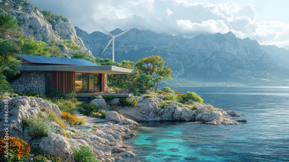 Sustainable Coastal Retreat: Modern Home with Solar Panels and Wind Turbine Sustainable Coastal Retreat: Modern Home with Solar Panels and Wind Turbine