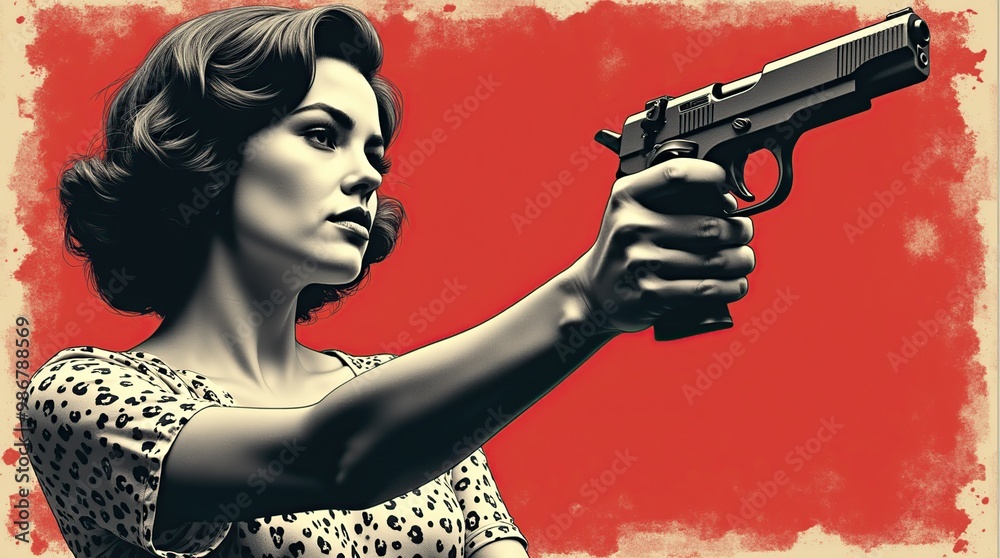 Retro halftone woman with a gun against red background Retro halftone woman with a gun against red background