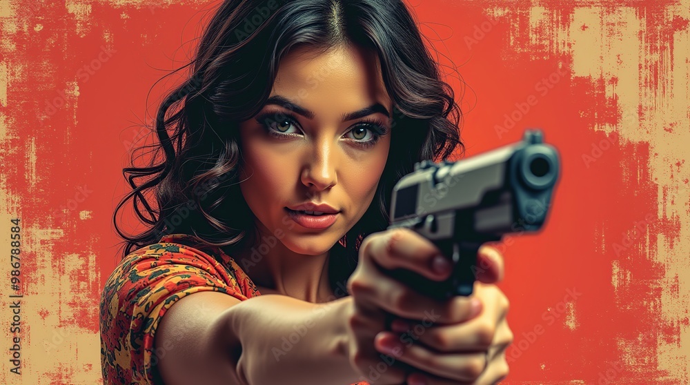 Woman with gun in retro halftone art style Woman with gun in retro halftone art style