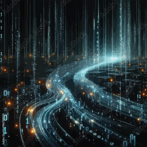Dark matrix of glowing data streams with binary code