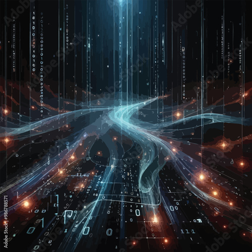 Dark matrix of glowing data streams with binary code