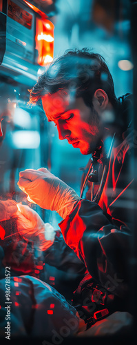 A medical professional focused on performing a precise task in a high-stress emergency environment. Concept of healthcare and emergency response.