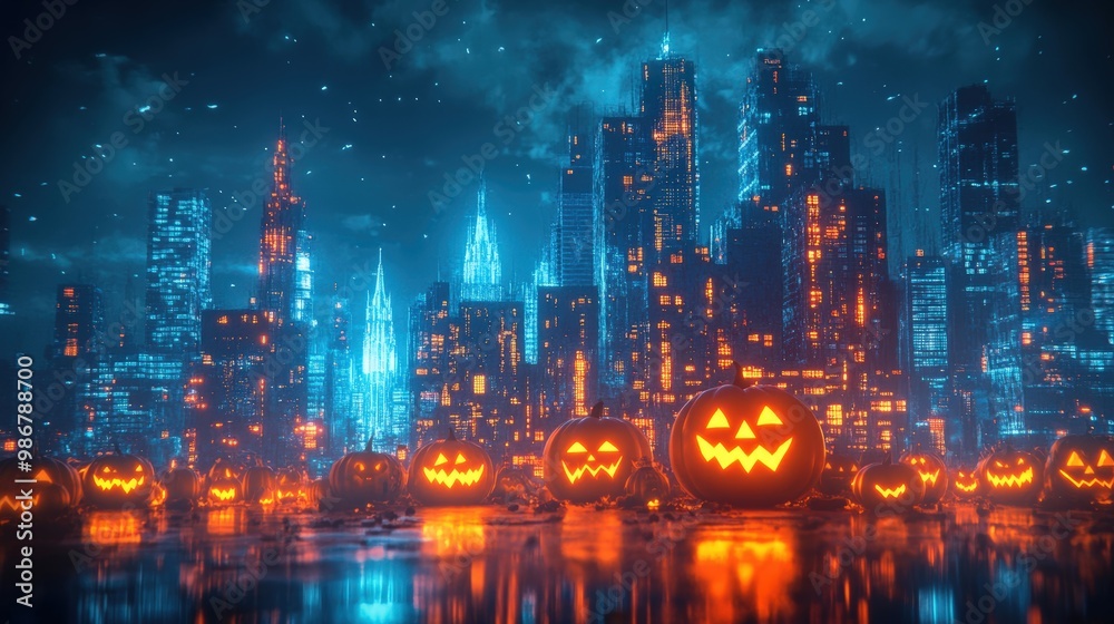 Spooky Halloween Night in a Cityscape with Jack-o'-Lanterns