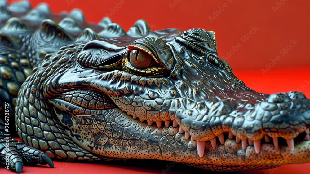 Crocodile close-up in vivid color showcases impressive details of its textured skin and sharp teeth Crocodile close-up in vivid color showcases impressive details of its textured skin and sharp teeth